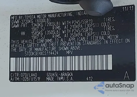 2012 Toyota Highlander Limited V6 from USA, damaged, VIN 5TDDK3EHXCS114424